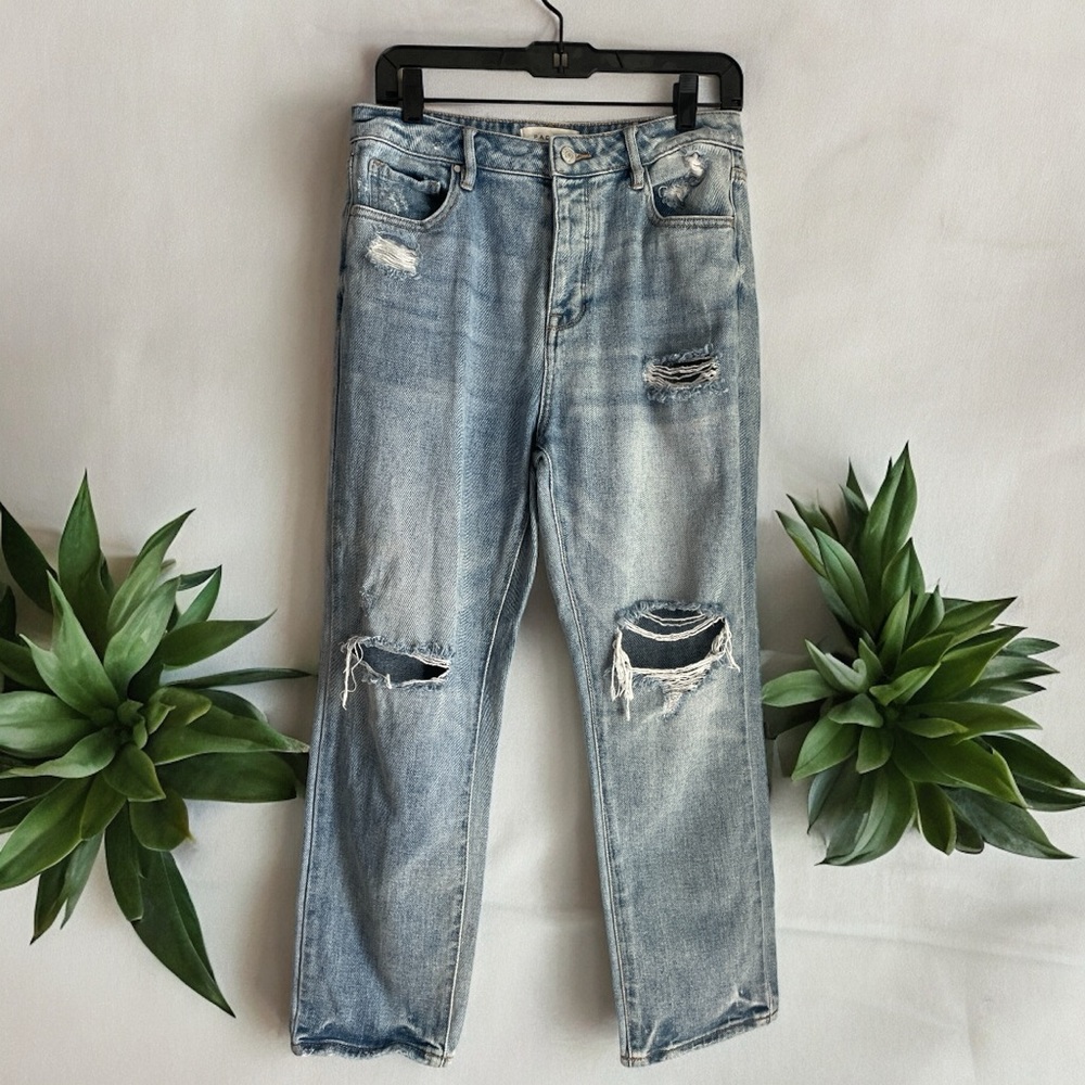 Pacsun Mom Jeans Hi-Rise Button-Fly Distressed Whiskered Medium Wash Blue (27)